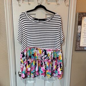 Striped Short-Sleeve Top with Floral Peplum